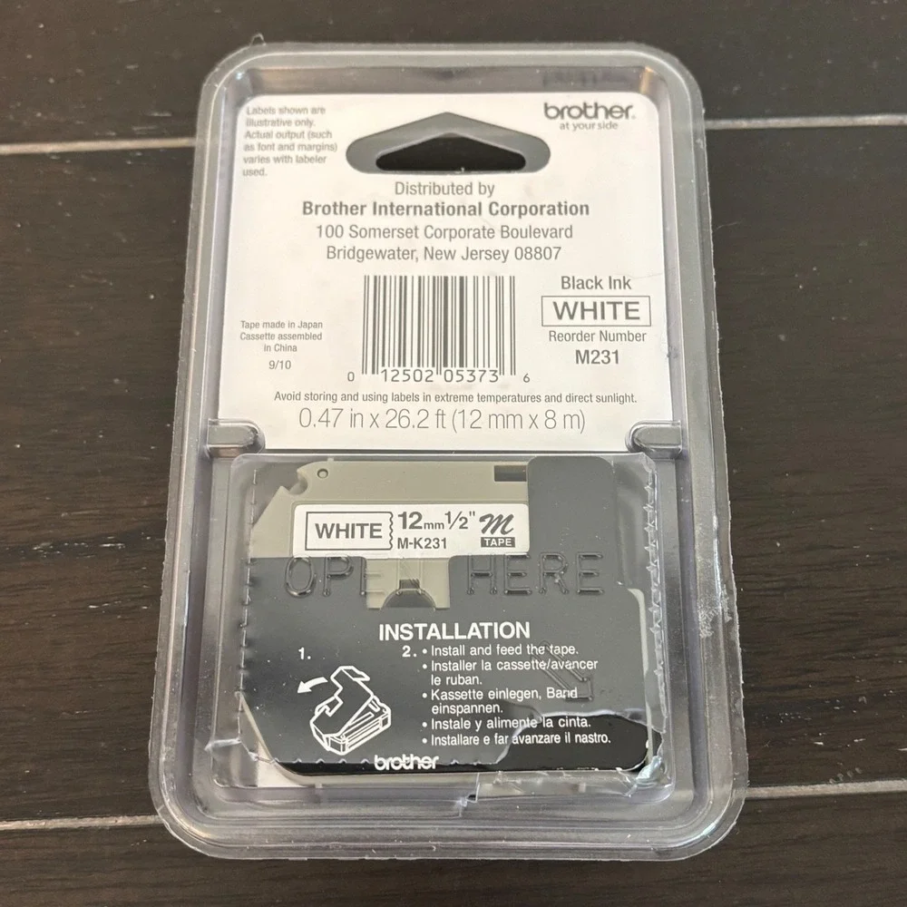 Brother P-Touch M-231 Label Tape | 1/2 Inch‎ 12mm Black on White M Tape | New